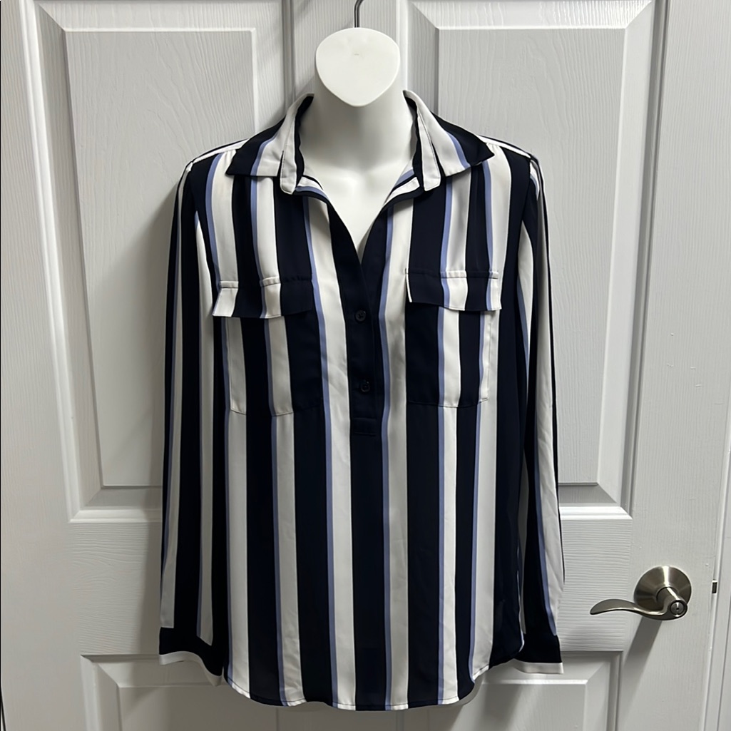 Ann Taylor Women’s Black Blue White Striped Blouse